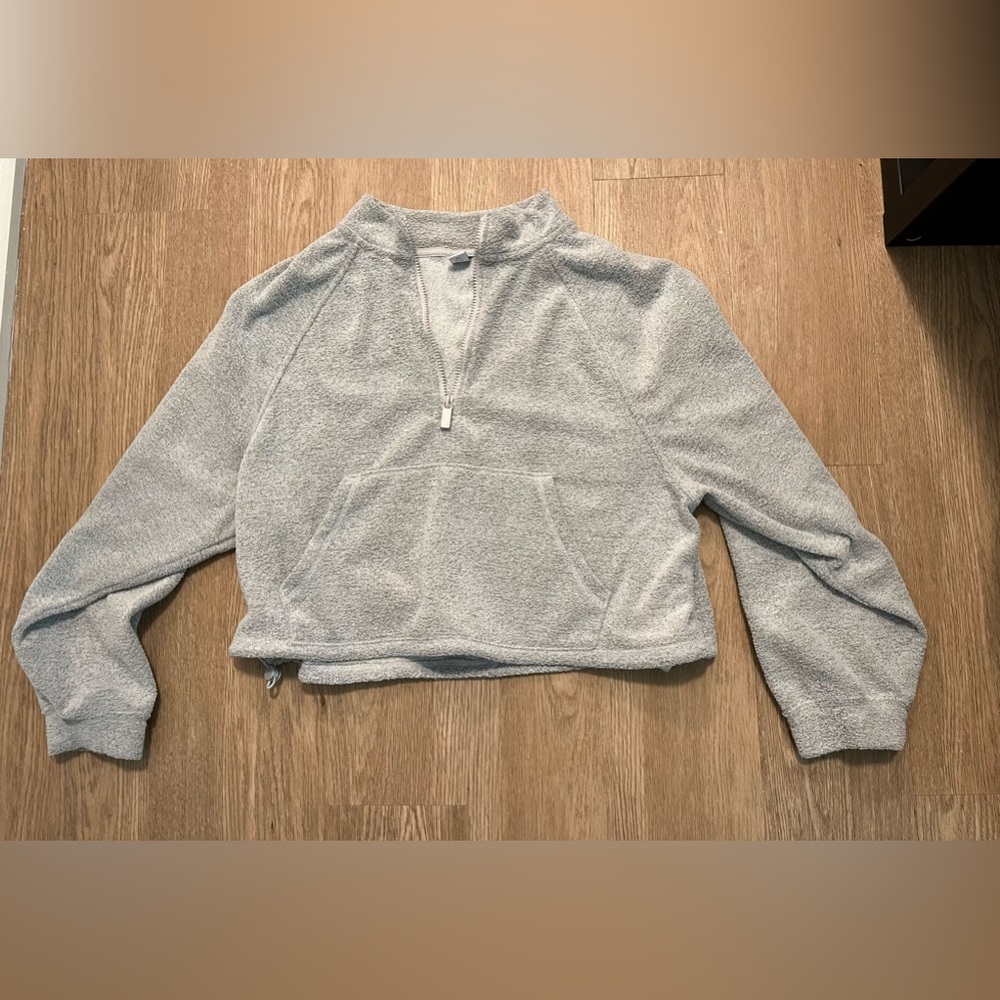 Old Navy Grey Cropped Quarter Zip Fleece Sweatshirt with Adjustable Waist